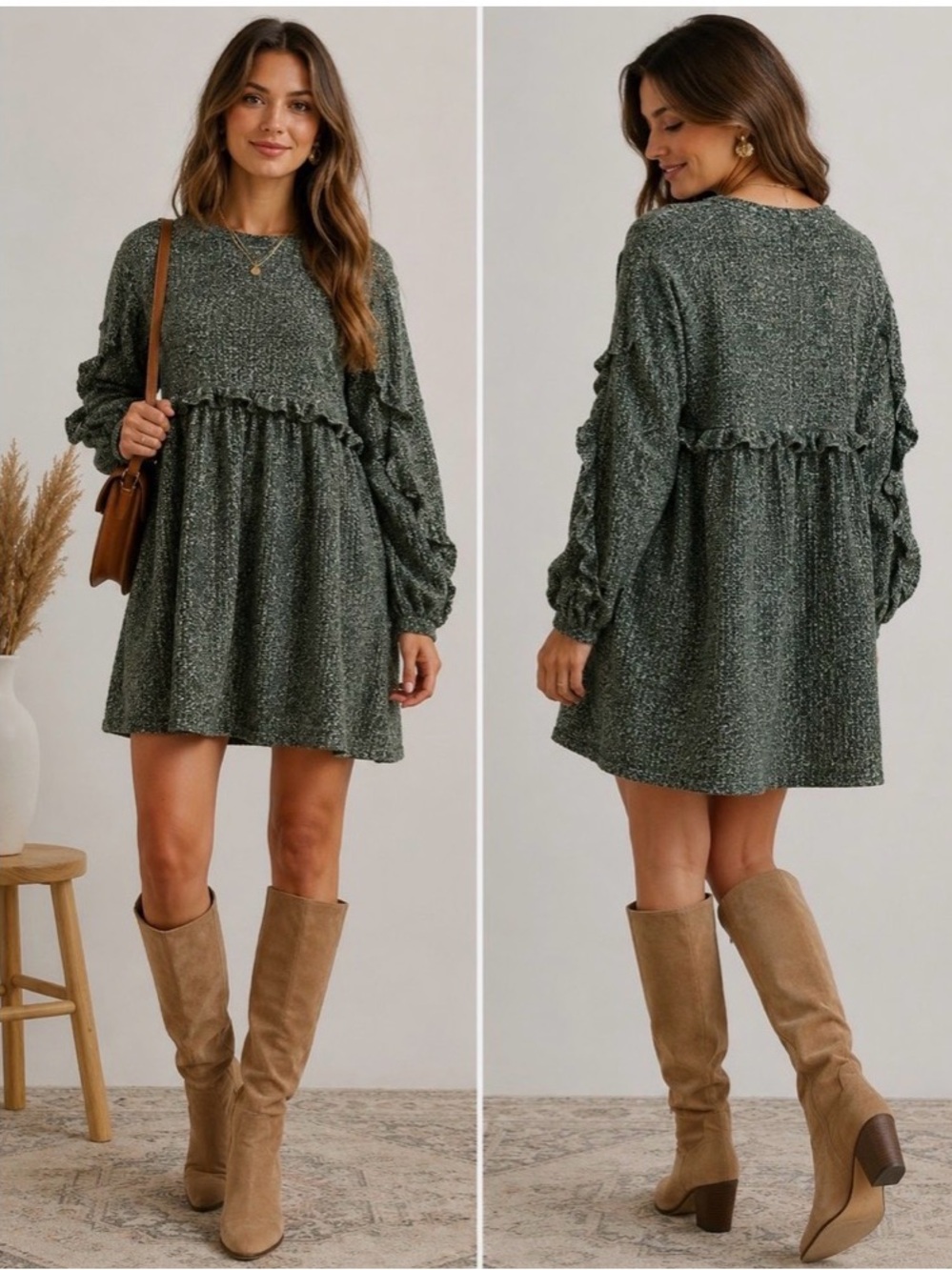 Anthropologie Ro&DE Dark Olive Green Ruffle Babydoll Mini Dress NWT XSP